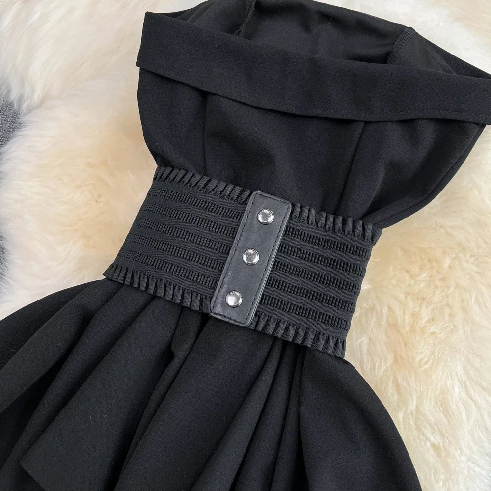 2pcs Sets Outfits Strapless Irregular Skinny A-line Dresses+elastic High Waist Solid Wide-leg Shorts Femme Suits