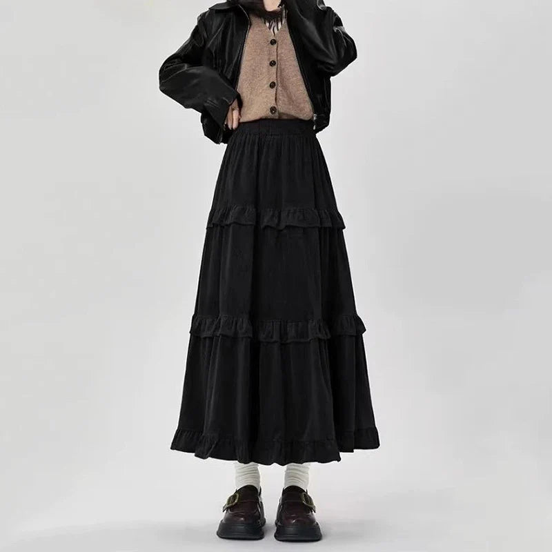 Fleece Midi Skirt Y2K Thick Ruffled Patchwork Casual Skirt Ladies High Waist Preppy A Line Skirt New