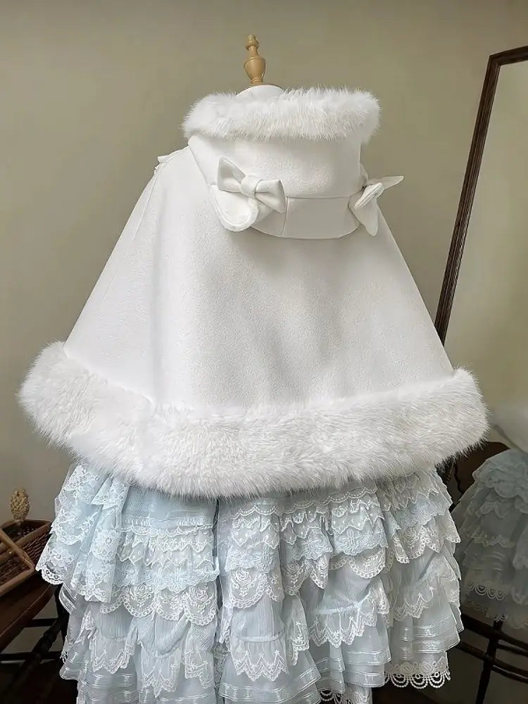 Lolita Shawl Overcoat Design Bow Hooded Patchwork Kawaii Cope Coat Warm Chic Sweet Fur Collar Coat