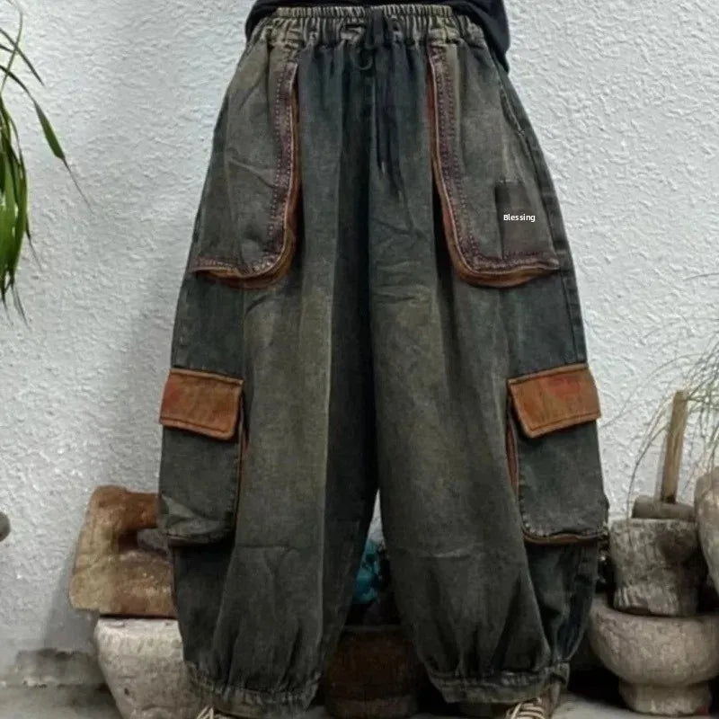 Retro Pocket Harlan Denim Lantern Pants Loose Nine Points Elastic Waist Loose Fit High Waist Jeans Lantern Trousers