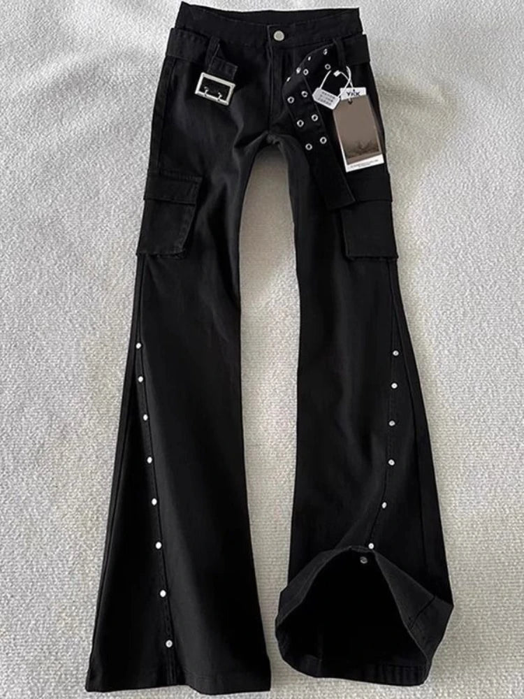 American Retro Dark Gothic Jeans High-street Mid-rise Rivet-decorated Flared Pants Y2K 2000s Cargo Pants