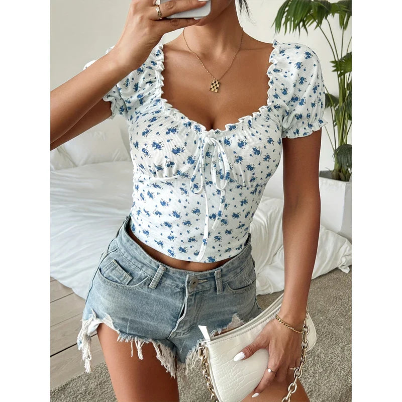 Bohemia Y2k T-shirt Puff sleeve French shirt slim Short sleeve T-shirt V-neck floral short top