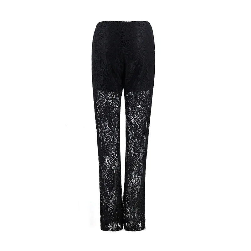 Full Length Gazue Pants Straight Elastic High Waist Slim Long Trousers Casual Lace Hollow Out Pants