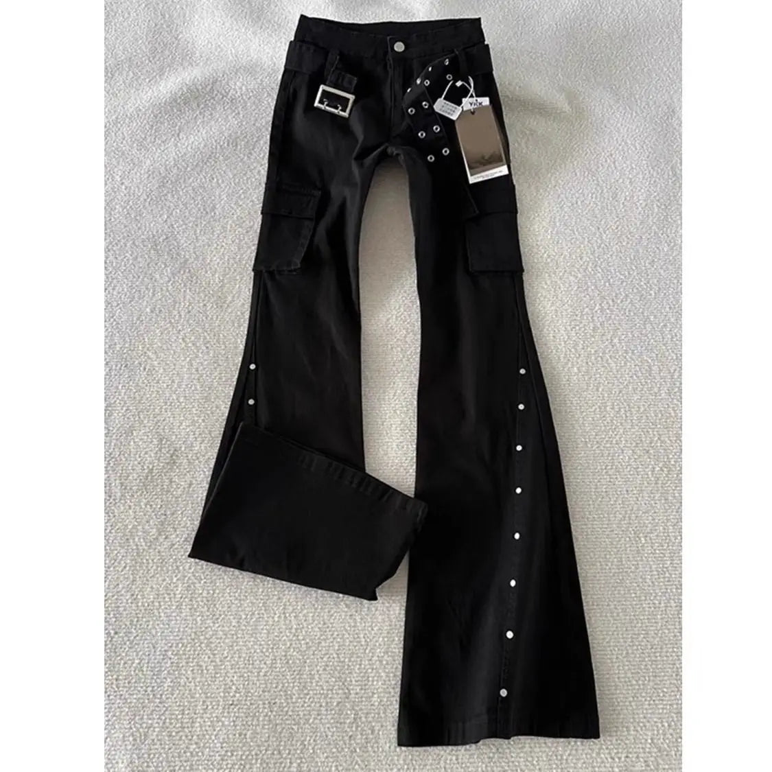 American Retro Dark Gothic Jeans High-street Mid-rise Rivet-decorated Flared Pants Y2K 2000s Cargo Pants