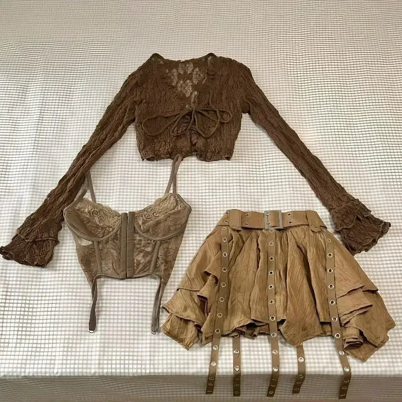 Y2k American Girl Three Piece Skirt Suit Lace Maillard Color High Street Design Cardigan Suspender Versatile