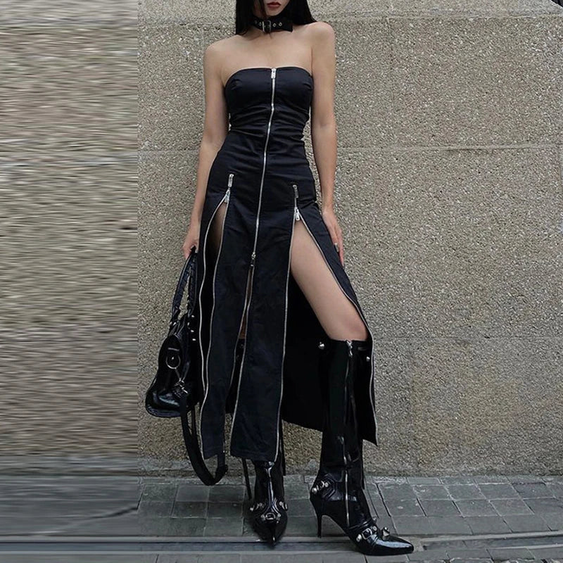 Goth Dark Techwear Zip Up Midi Dresses Cyber Y2k Mall Gothic Split Tube Dress Partywear Punk Off Shoulder Outfits