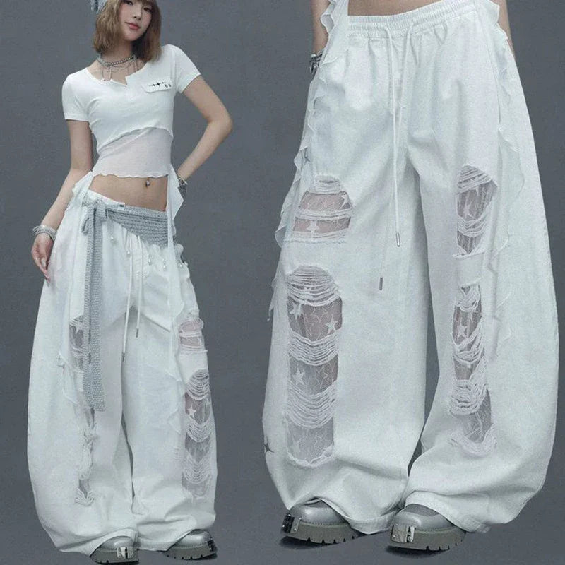 Street White Patchwork Ripped Pants Hiphop Lace Hollow Out Sheer Wide Leg Pants American Vintage Loose Casual Lazy Jazz Trousers