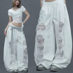 Street White Patchwork Ripped Pants Hiphop Lace Hollow Out Sheer Wide Leg Pants American Vintage Loose Casual Lazy Jazz Trousers
