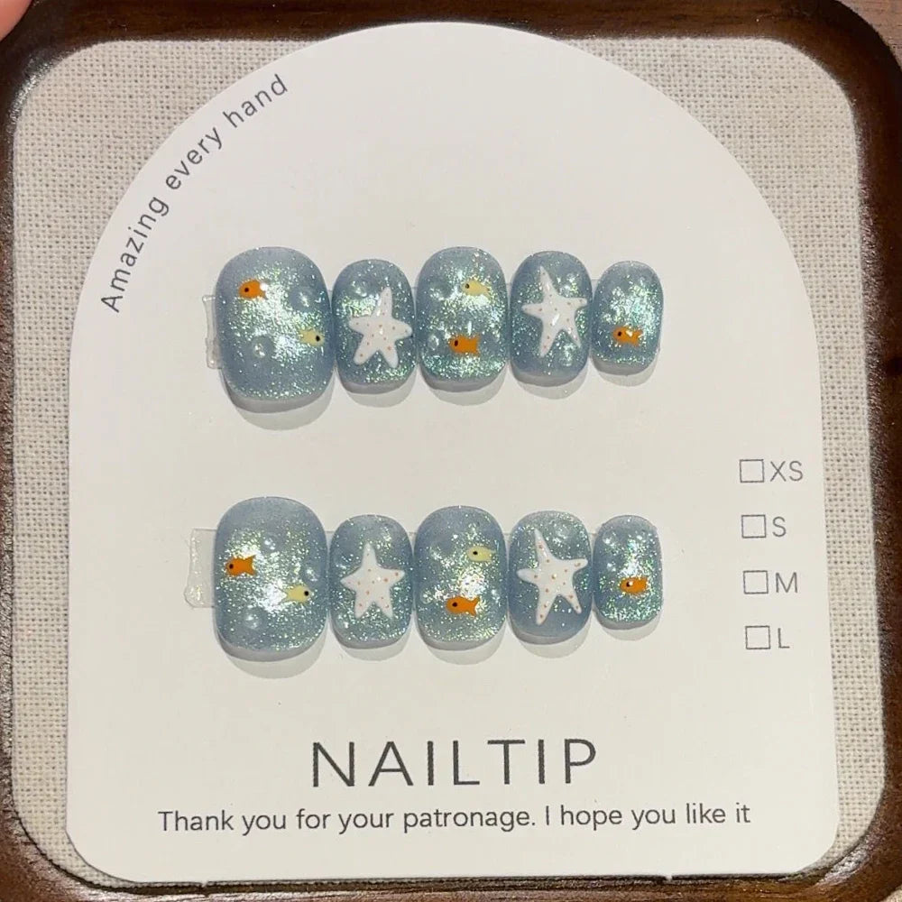 10Pcs Handmade Nude Color Press On Nails Sparkling Cat-Eye Cherry Star Marine Elements Sequins Cute Girlish Nail Suitable