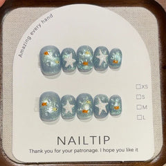10Pcs Handmade Nude Color Press On Nails Sparkling Cat-Eye Cherry Star Marine Elements Sequins Cute Girlish Nail Suitable