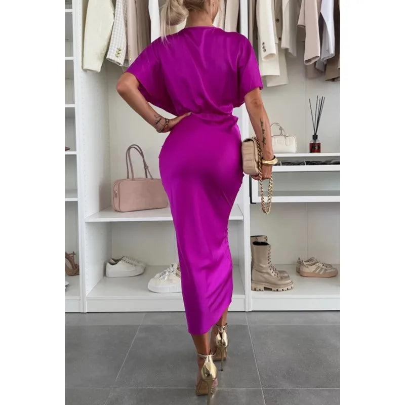 Satin Dress Batwing Short Sleeve Wrap V-neck Twist Bodycon Midi Long Dresses Party High Street Dresses