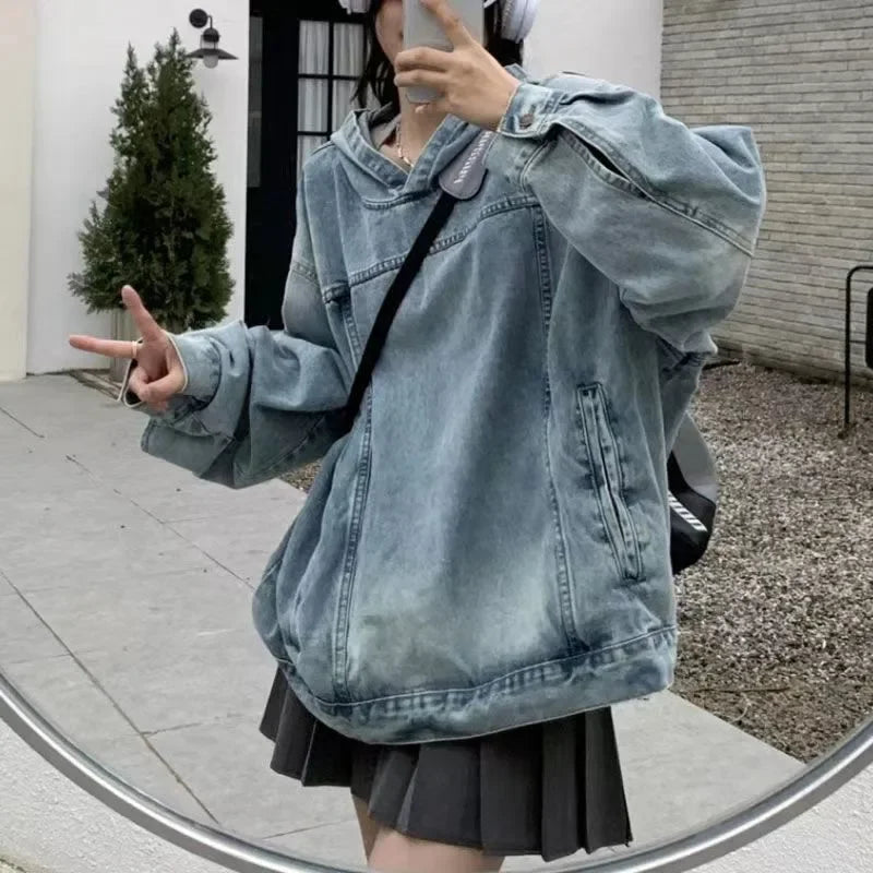American Style Vintage Denim Sweatshirt Jacket Loose Fit Hooded Pullover Sweatshirt Trendy Arrival