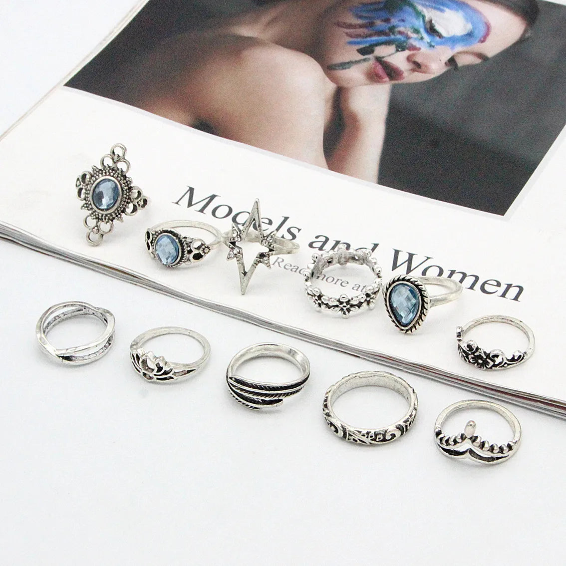 11pcs/set Bohemia Vintage Silver Gothic Aesthatic Vintage Carved Feathers Flowers Leaves Butterfly Ring set