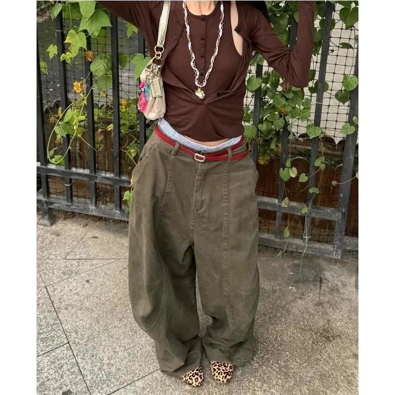Loose Knife Edge High Waist Straight Leg Denim Jeans American Retro Silhouette Long Trousers