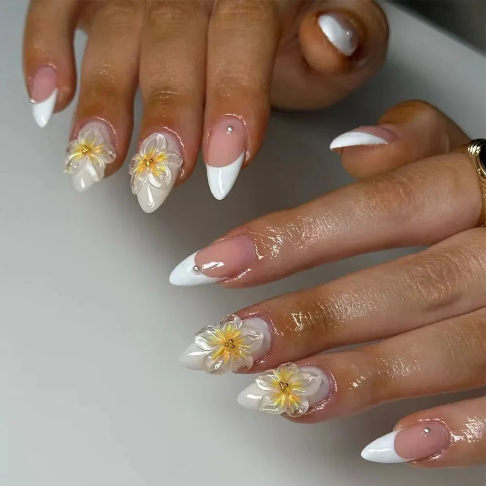 24Pcs Mid-length French Almond Press on Nails Tips with 3D Shell Flower Design Full Cover Fake Nails Art Datachable False Nails