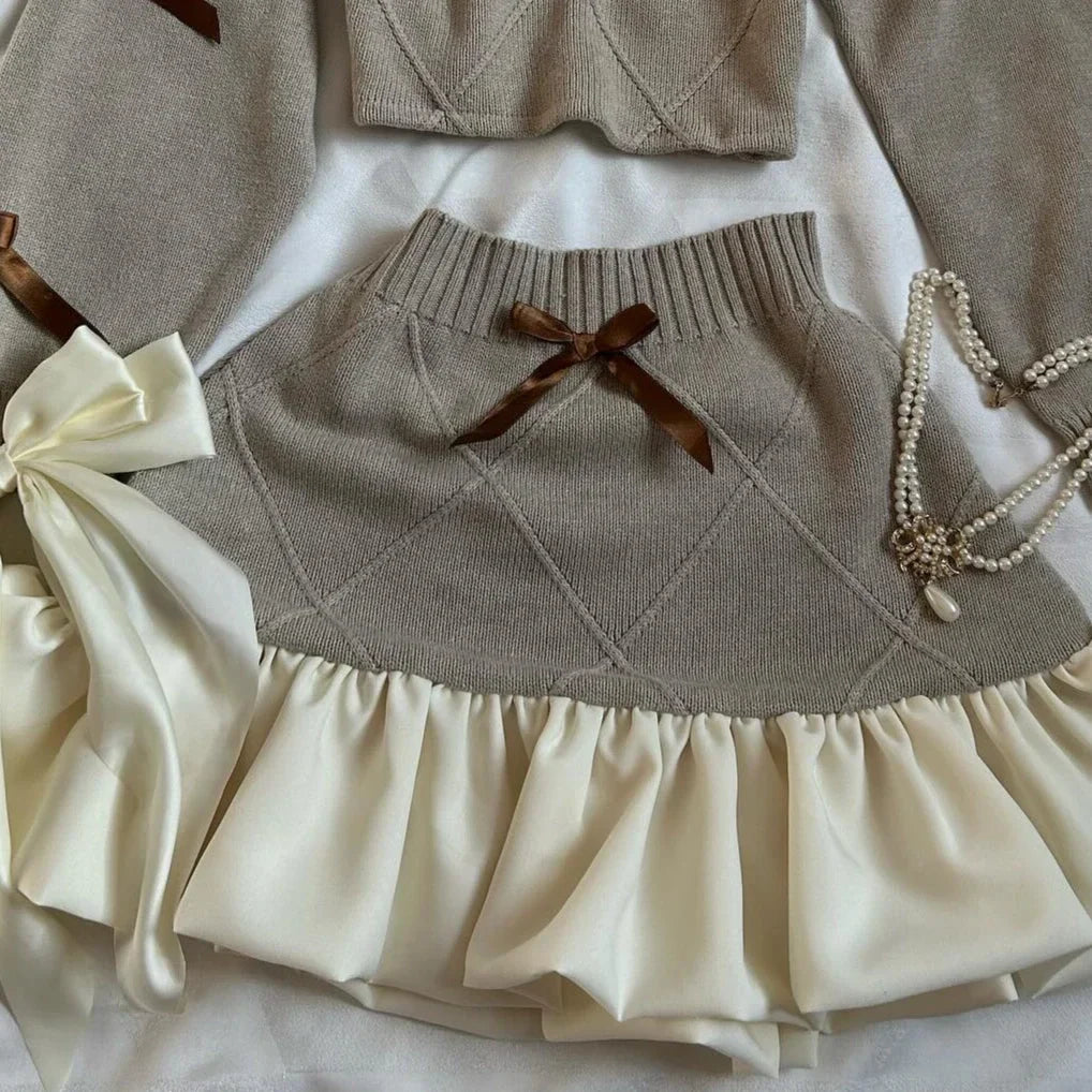 Trend Y2k Knitted Splicing Two Piece Set Bow Long Sleeve Knitted Slimming Top Mini Pleated Skirt Set