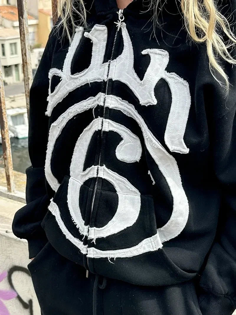 Vintage Hip Hop Letter Embroidery Zipper Hoodie Streetwear Sports Washed Loose Coat Y2K Punk Couple Hoodie Sweatshirt