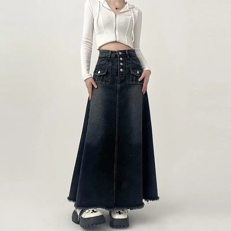 High-waisted Cargo Denim Skirt Long A-line Mid-length Skirt Retro Raw Edge Y2k Clothing Korean Style
