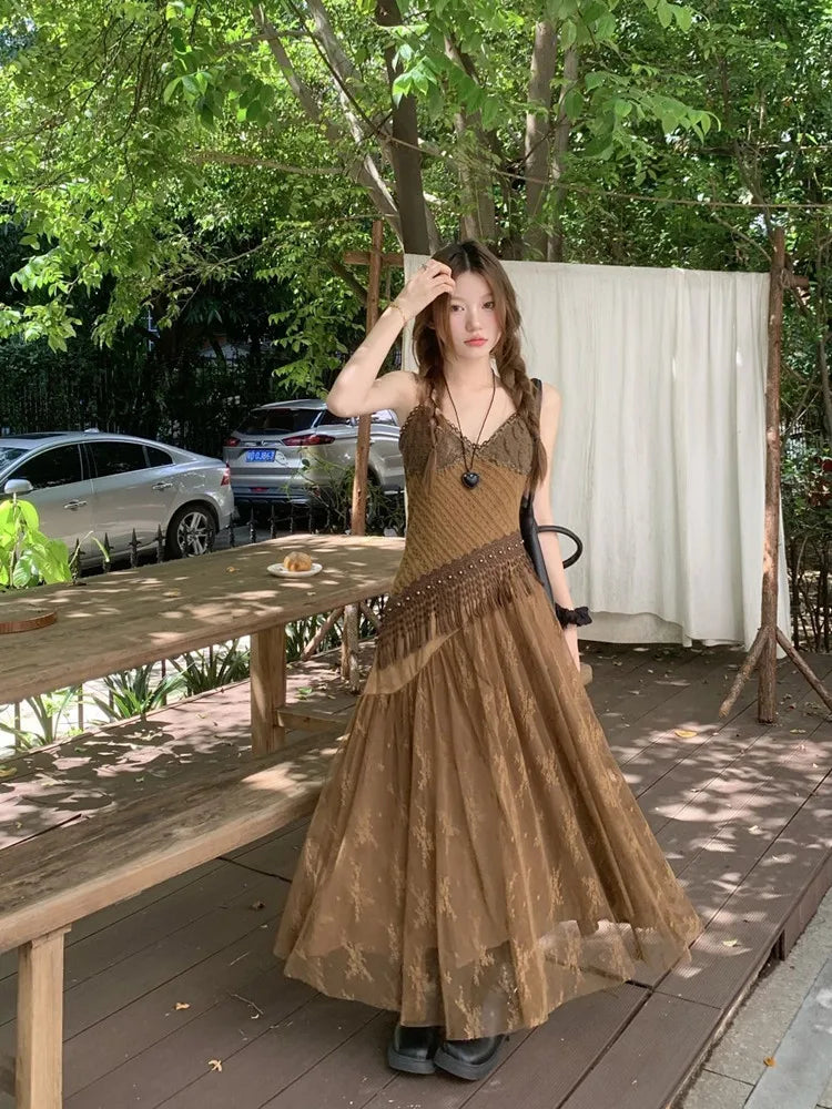 Korean style Ethnic Irgular Spaghettic Strap Fairy Boho Hippie Dress Tassel Mesh Stitching Spice Beach Slim Dress