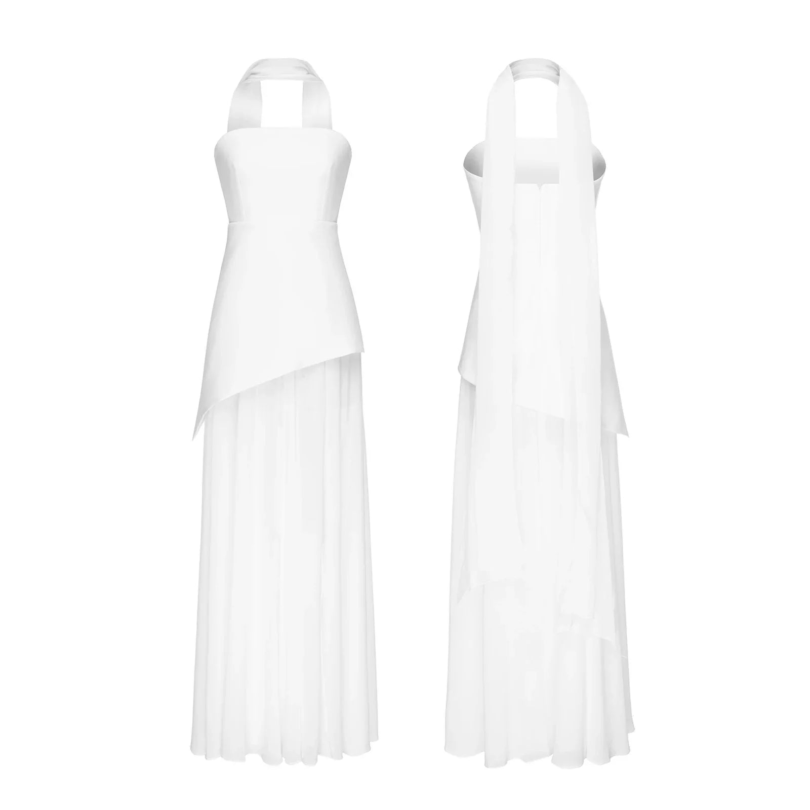 Combhasaki Elegant Strapless Sheer Ruffle Hem Patchwork Backless High Split A-line Party Tube Long Dress with Scarf
