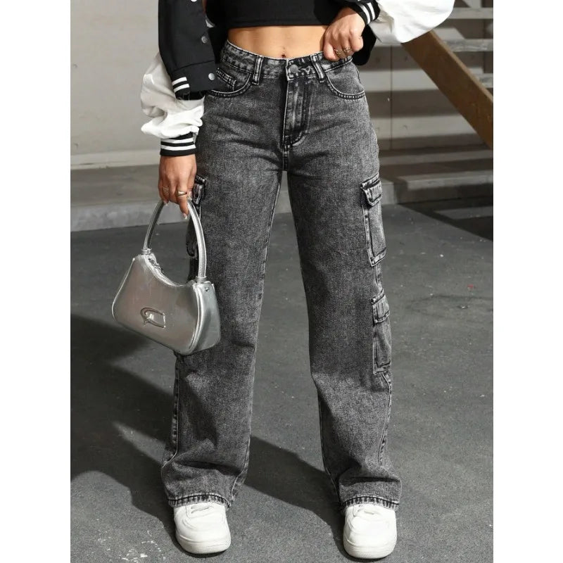 Jeans Y2k Jeans High Waist Stretch Cargo Pants Multiple Pockets Casual Trousers