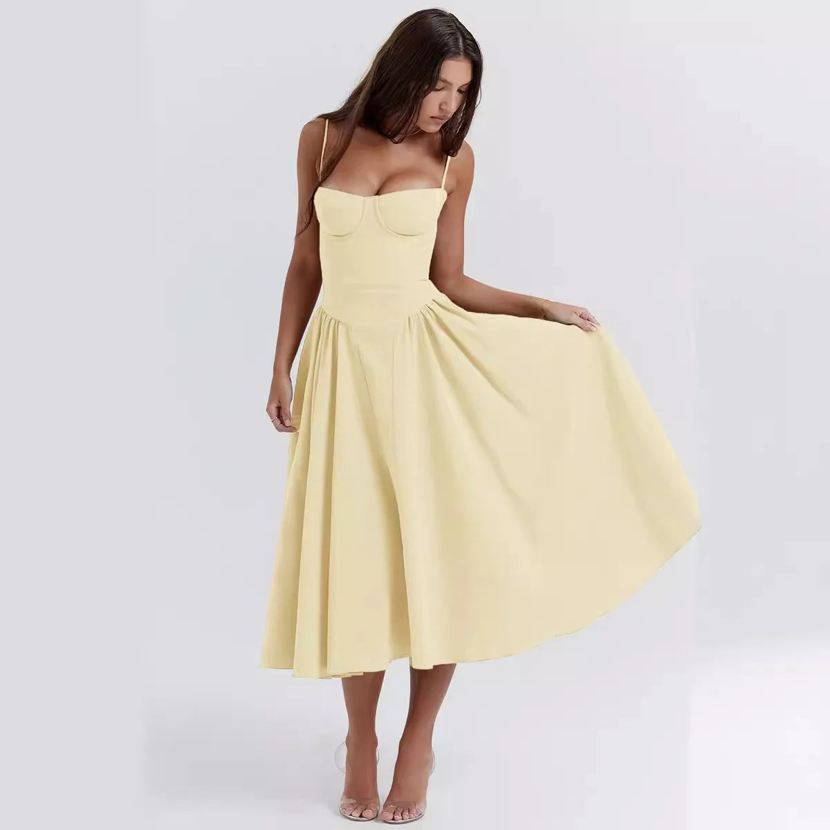 Elegant Sleeveless Backless Pleated Dresses Lady Solid Sling Midi Dress Party Evening A-line Robes