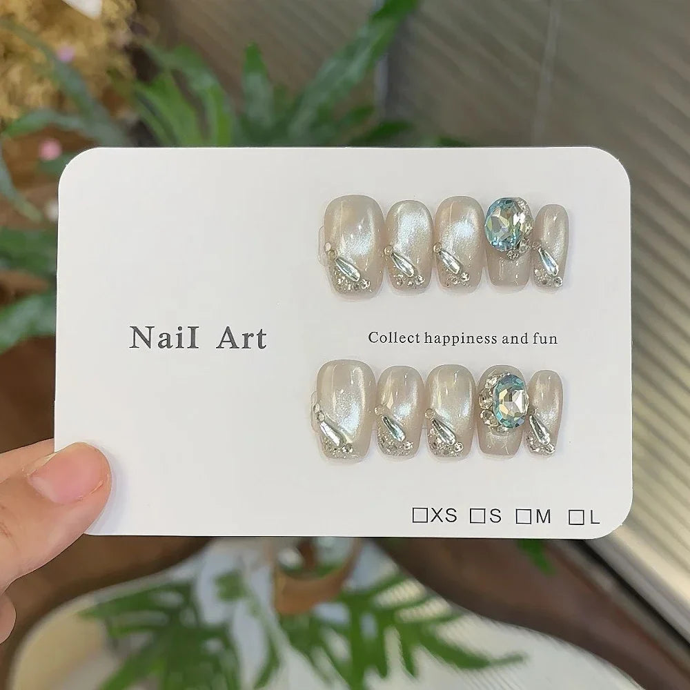 10Pcs Handmade Nude Color Press On Nails Sparkling Cat-Eye Cherry Star Marine Elements Sequins Cute Girlish Nail Suitable