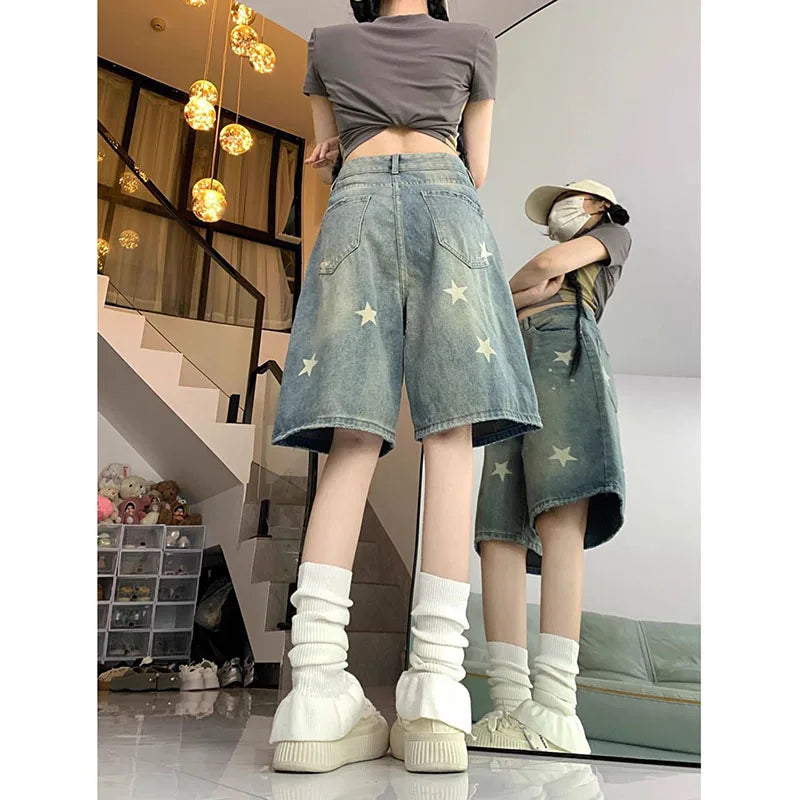 American Style Vintage Short Jeans High Waisted Washed Wide Leg Denim Pants Do Old Star Knee Length Shorts