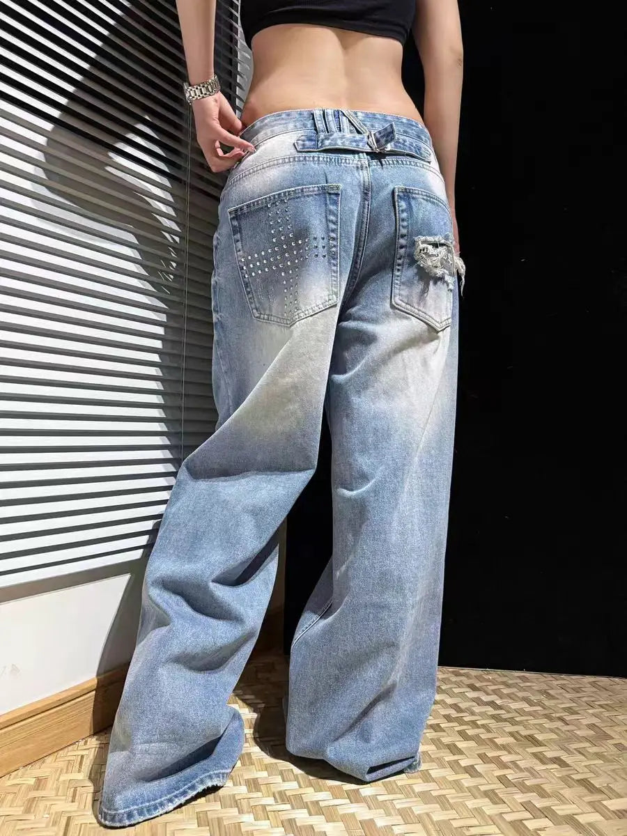 Retro Cross Rivet American Oversize Jeans Loose Casual Straight Wide Leg Jeans