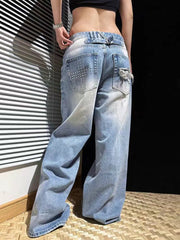 Retro Cross Rivet American Oversize Jeans Loose Casual Straight Wide Leg Jeans