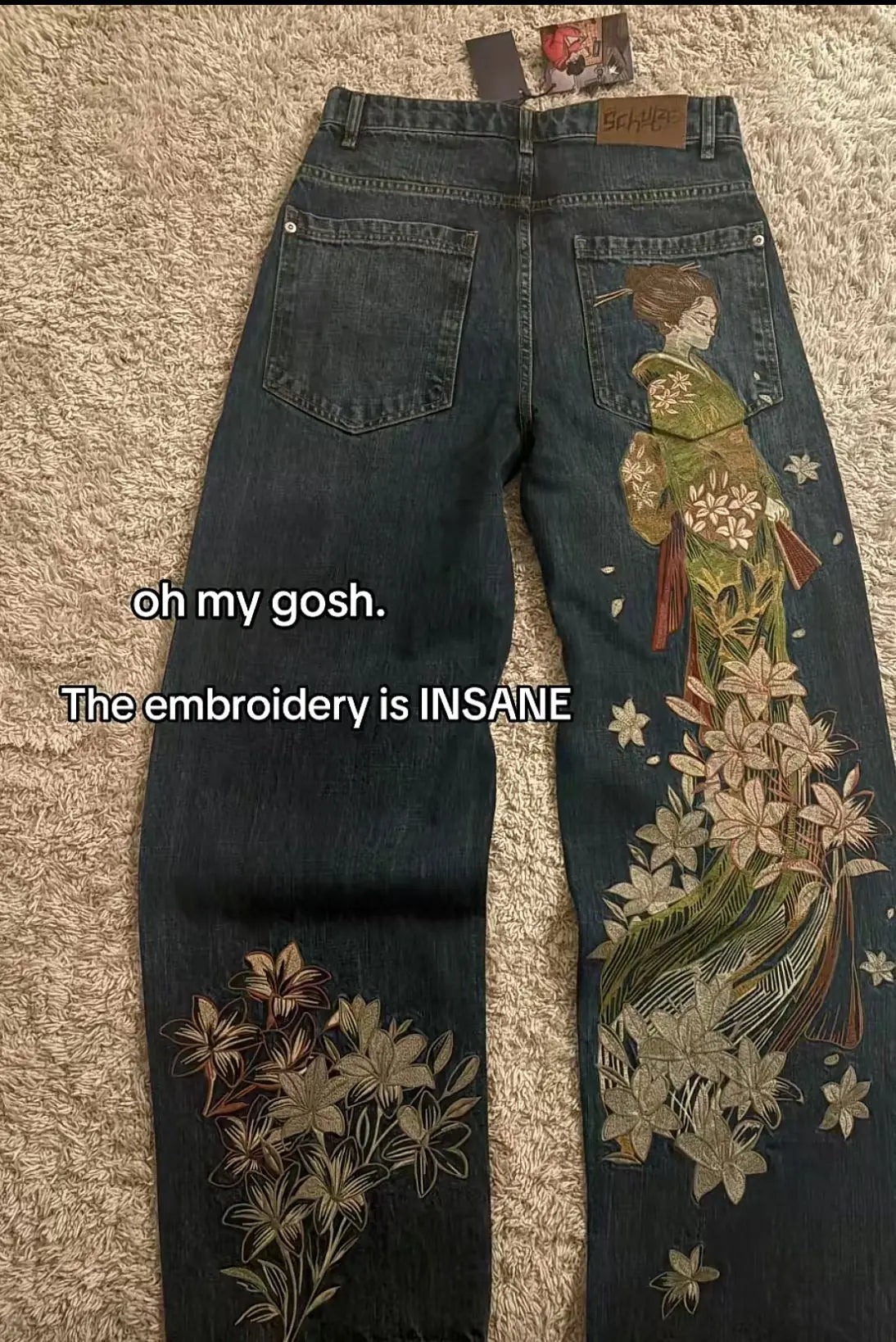 Hip Hop Cherry Blossom Embroidery Baggy Jeans Harajuku Wide Leg High Waisted Denim Pants Y2k Trend Jeans Clothing