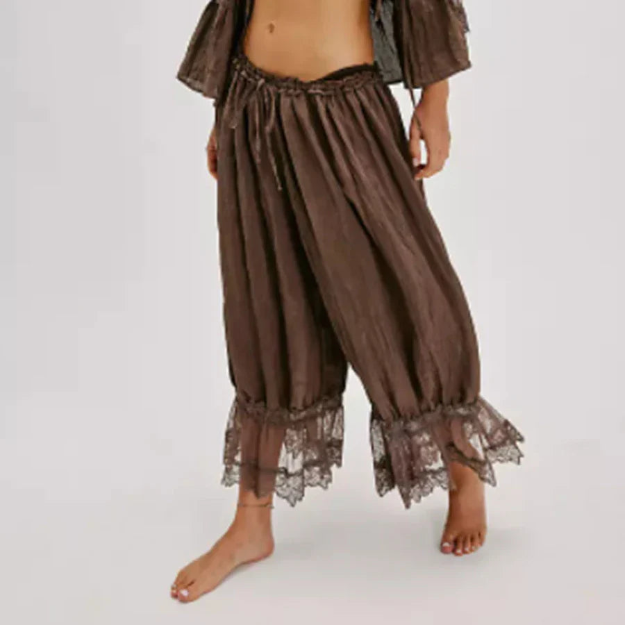 Combhasaki Y2K Loose Fit Bloomers Cropped Pants Drawstring High Waist Floral Lace Patchwork Calf-Length Lantern Trousers