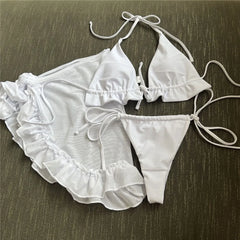 White Mesh Cover Up Swimwear String Halter 3 Piece Bikini Set Micro Thong Swimsuit Beachwear Ruffled Triangle Bikinis Mujer