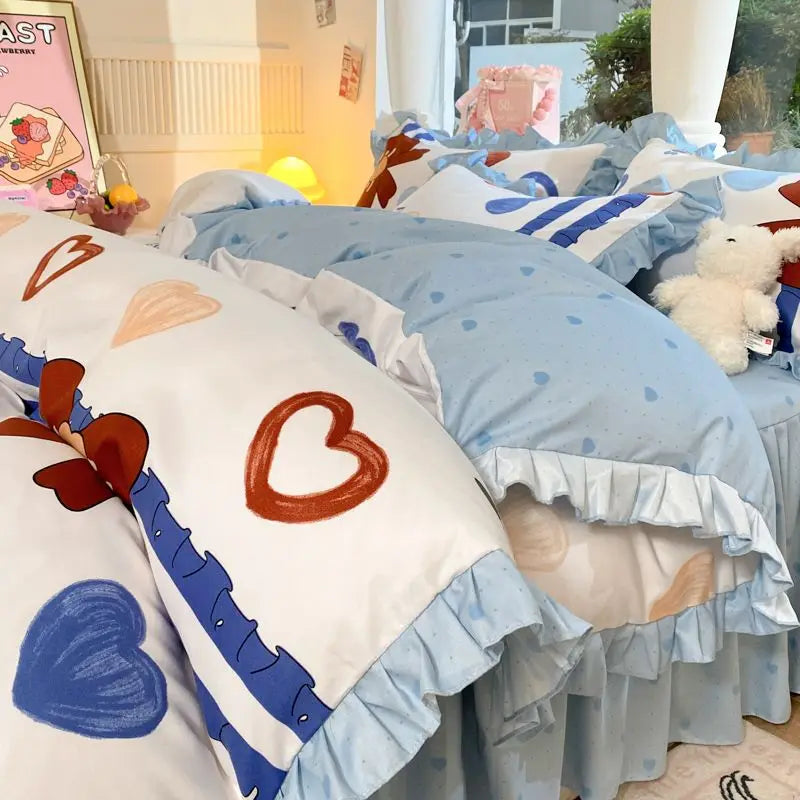 Cartoon Washed Cotton Bed Sheet Four-piece Set Non-cotton Thickened Brushed Quilt Cover Bed Skirt Style Princess Style Bedroom