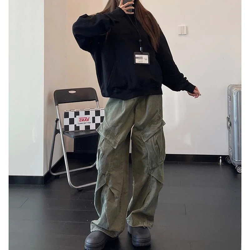 Retro American Denim Work Pants Loose Wide Leg Slimming Pleated Straight Long Pants Large Pocket