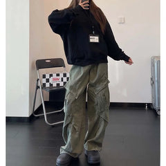 Retro American Denim Work Pants Loose Wide Leg Slimming Pleated Straight Long Pants Large Pocket