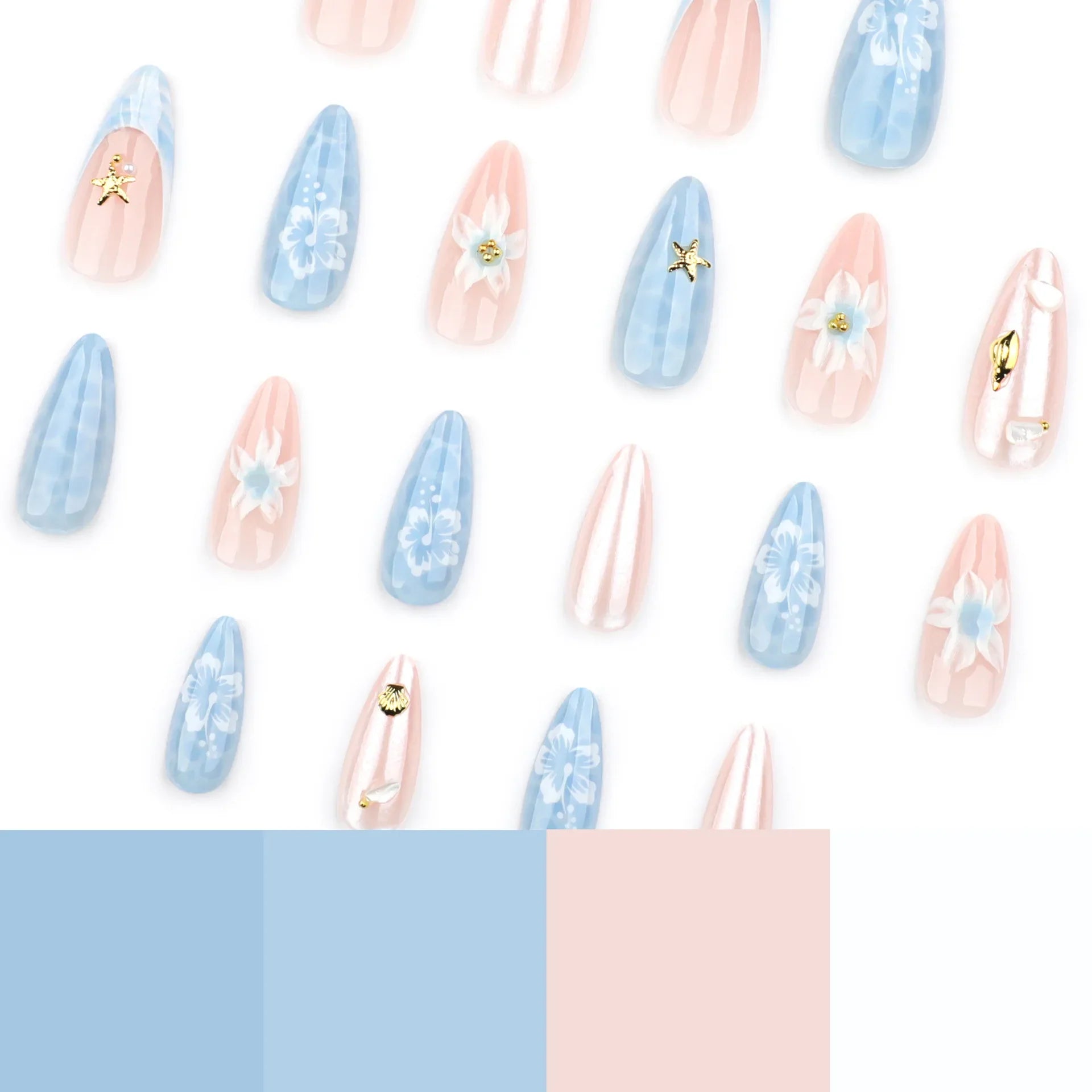 24pcs Light Blue False Nails Beach Style Seashell Starfish Flower Pattern Press On Nails Smudging French Almond Fake Nail