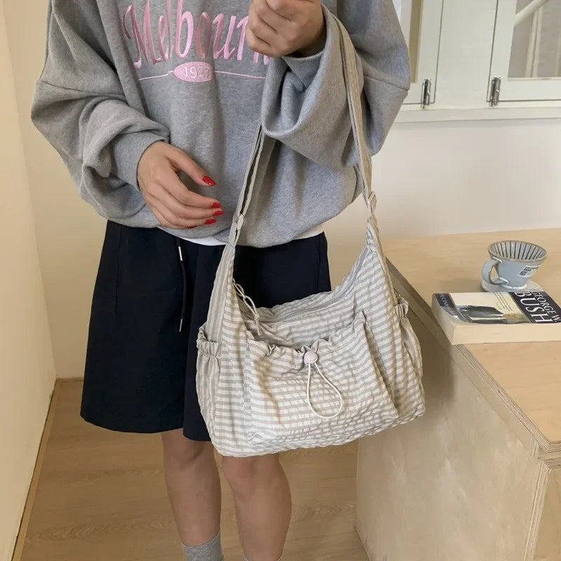 Korean Nylon Shoulder Bag Simple Plaid Zipper Tote Bag Drawstring Pleated Cloud Bag Commuter Crossbody Shoulder Bag