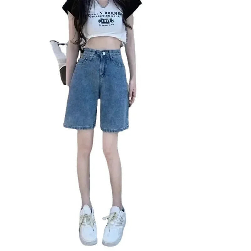 American Retro High Waist Denim Shorts Slim Straight Leg Casual Student Versatile Wide Leg Five-Point Pants