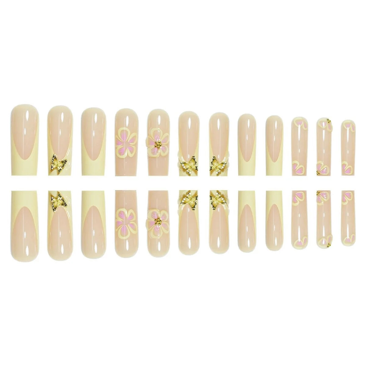 24pcs Fresh Long Coffin Fake Nails Yellow French Style Flower Printed Metal Butterfly Designs Press On Nails False Nail