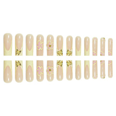 24pcs Fresh Long Coffin Fake Nails Yellow French Style Flower Printed Metal Butterfly Designs Press On Nails False Nail