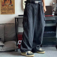 Baggy Jeans Oversize Cargo Korean Black Wide Pants Streetwear Hip Hop Harajuku Male Straight Denim Pants