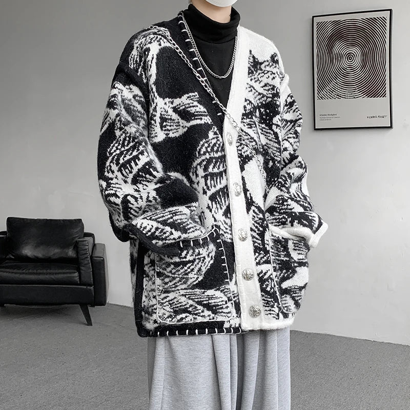 Printed Sweater Coat Top quality V Neck Knitted Cardigan Lazy Chic Elegant Sweater High Street Hip Hop Oversized