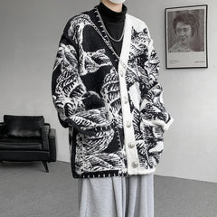 Printed Sweater Coat Top quality V Neck Knitted Cardigan Lazy Chic Elegant Sweater High Street Hip Hop Oversized