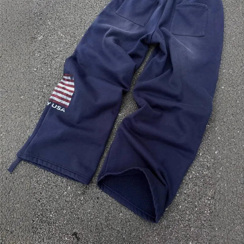 Y2k Clothes Vintage Wash USA Flag Print Wide Leg Sweatpants