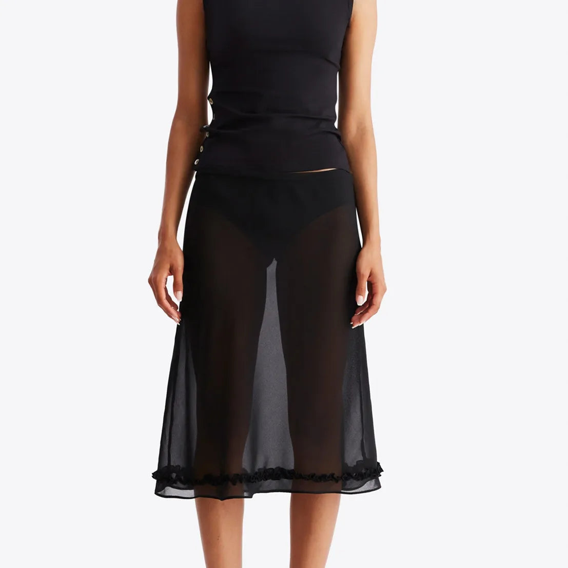 Y2k Fairy Coquette Skirts Dress Midi Skirt See Through Low Rise Ruffled Hem Dot Pattern White Black Mesh Sheer Skirt