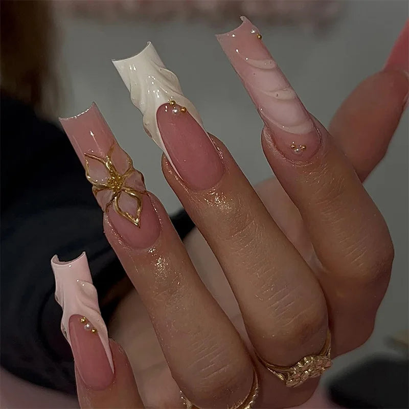 24pcs Rhinestones Full Cover Nail Art Datachable Glitter French Press on Nails Tip Flower Long Square Fake Nail Pink False Nails