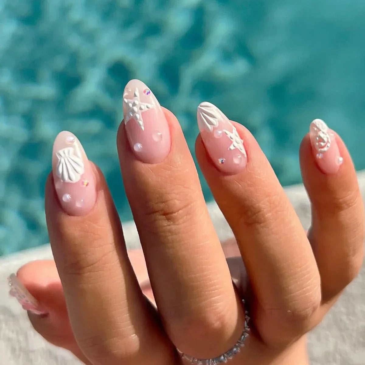 Blue White French 3D Flower Shell Nail Art Beach Almond False Nails Detachable Finished Fake Nails Press on Nails