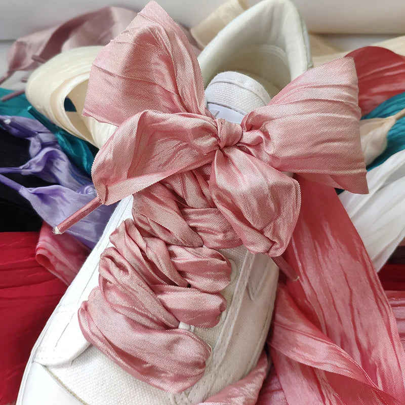 5cm Widened Butterfly Bow Ruffled Yarn Shoelaces Flat Silk Big Bow Wide Laces Trend Beauty White Casual Shoes Laces Dropship