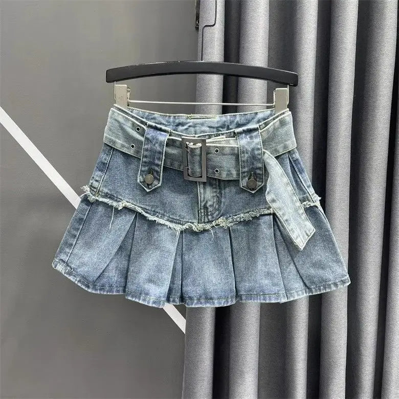 Retro Street Washed Denim Two-Piece Skirt Set Hip Hop Harajuku Goth Halves Neck Top Mini Pleated Skirt Trendy Set